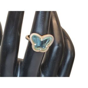 Green Glass Ring Butterfly 925 Italy Signed gold overlay size 6.75